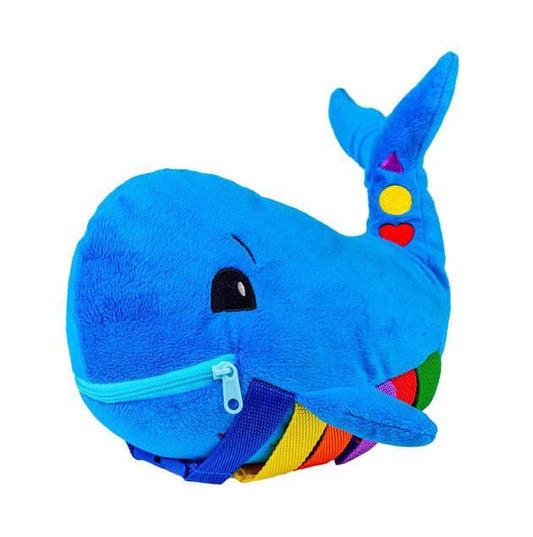 Blu Whale-Buckle Toys-Buckle Toy "Blu" Whale - Learning Travel Plush Activity-I'm Blu the happy whale Pull the zipper open Lift the color buckles up there are numbers to find I keep children guessing as they play and use their mind Learn-Buckle Toy Inc