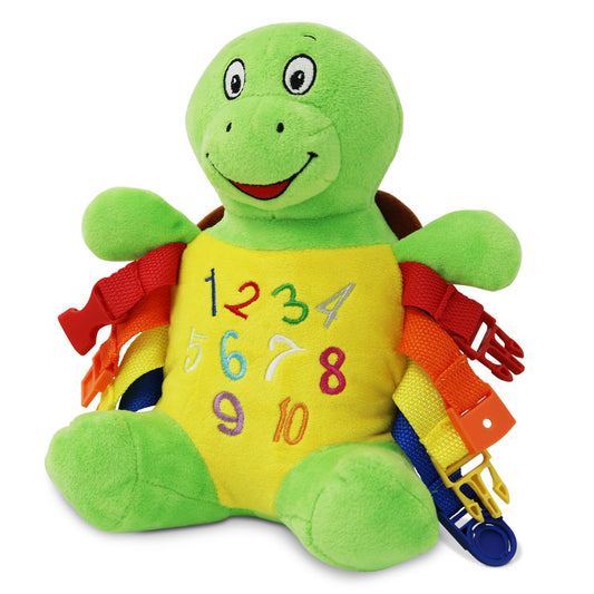 Bucky Turtle-Buckle Toys-Buckle Toy "Bucky" Turtle - Babies and Toddlers Clasp-My tummy has numbers to count on the go Unsnap the buckles if you want them to show A soft pouch covers my back Hug me zip me Learn numbers colors zipper travel-Buckle Toy Inc