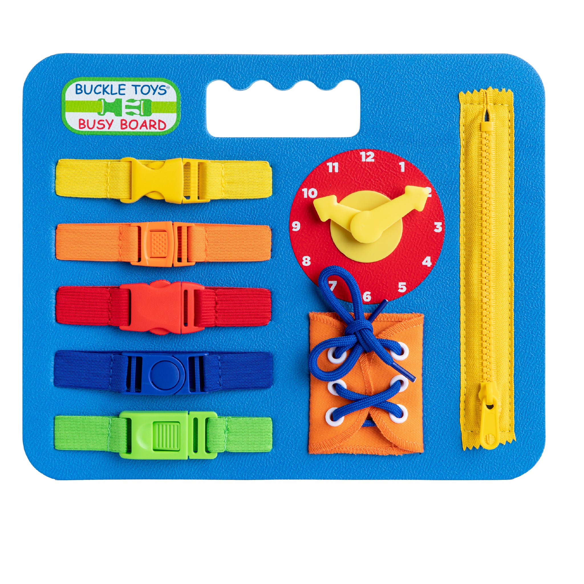 Buckle Toy Busy Board Blue - Montessori Sensory Travel Toy – Buckle Toy Inc