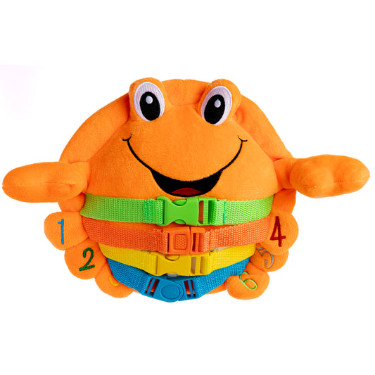 Barney Crab-Buckle Toys-Buckle Toy "Barney" Crab -Fun Fasteners for Baby Travel-I’m Barney Crab-The Buckle Toy® I’m loved by every girl and boy Snap my buckles just for fun Then count backwards 3-2-1 We can learn colors shapes and numbers -Buckle Toy Inc