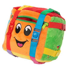 Load image into Gallery viewer, Bingo Cube-Buckle Toys-Buckle Toy &quot;Bingo&quot; Activity Cube - Baby &amp; Toddler Learn-I’m Bingo Cube - The Buckle Toy® I’m loved by every girl and boy Buckles hug me all around Snap and click them, hear the sound Colored shapes and numbers travel-Buckle Toy Inc
