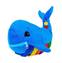 Load image into Gallery viewer, Blu Whale-Buckle Toys-Buckle Toy &quot;Blu&quot; Whale - Learning Travel Plush Activity-I&#39;m Blu the happy whale Pull the zipper open Lift the color buckles up there are numbers to find I keep children guessing as they play and use their mind Learn-Buckle Toy Inc
